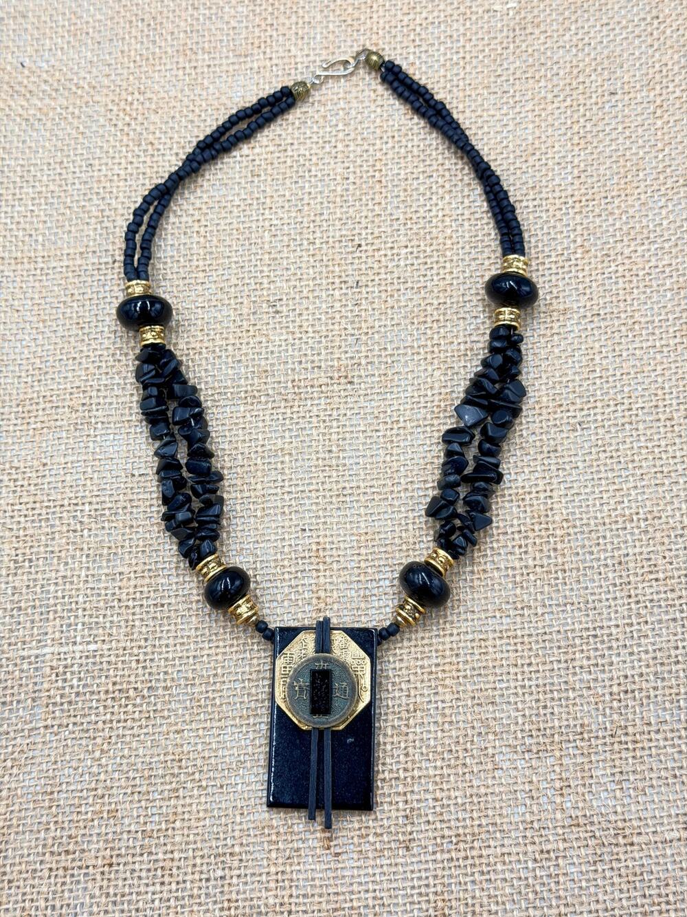 Carol Kent Handmade Artisan Asian Style Black & Gold-Tone Statement Necklace